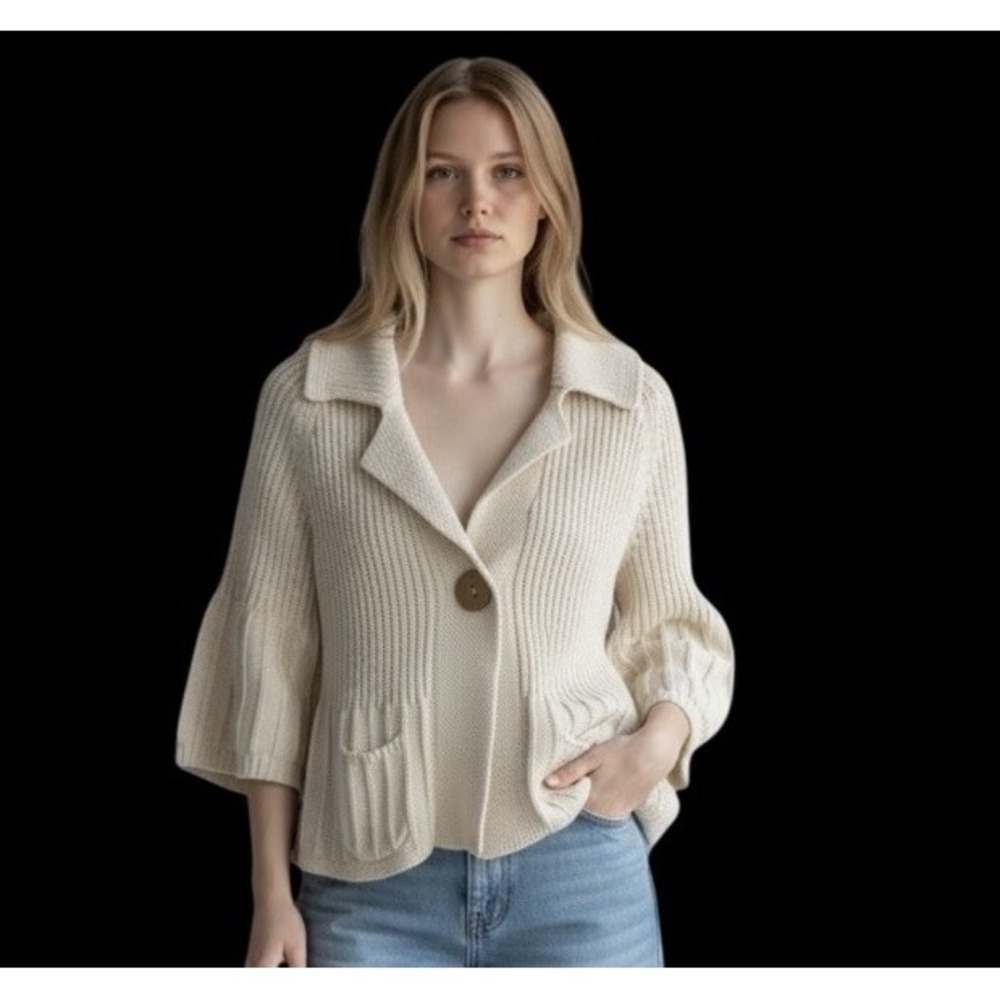 Chunky Ribbed Knit Cardigan Sweater Y2K Style 100% Cotton Ivory Boho Cottagecore